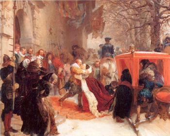 阿道夫 馮 門採爾 Gustav Adolph Greets his Wife outside Hanau Castle in January 1632